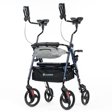 ELENKER Upright Rollator Walker, Stand Up Walkers for Seniors with Armrest, Front Pouch, 10”Wheels, Sponge Padded Seat and Backrest, Fully Adjustment Frame, Blue