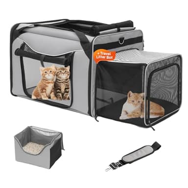 A.FATI Expandable Large Cat Carrier for Car Travel with Litter Box, 24"x17"x16" Soft-Sided Cat Crate up to 35lbs, Tear-Resistant Pet Carrier for Large/Medium Cats for Road Trip Vet Visit(Grey)