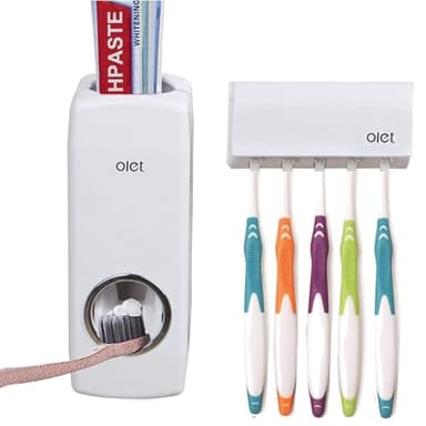 Toothpaste Dispenser and Toothbrush Holder Set, Wall Mounted Automatic Toothpaste Squeezer and Toothbrush Organizer Holder,Restroom Bathroom Accessories (5 Brushes Slots),White