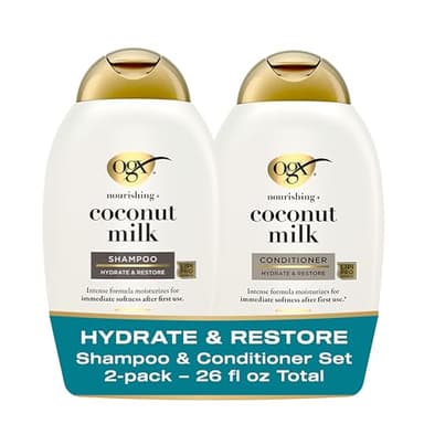 OGX Nourishing + Coconut Milk Sulfate Free Shampoo and Conditioner Set, Hydrates & Softens Hair, Lipi Pro Shield Technology, Creamy Coconut Milk White Peach & Shea Butter Scent, 2 Items, 2 x 13 fl oz