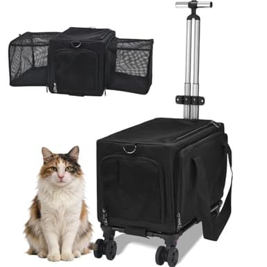 Pet Carrier Airline Approved, Expandable Large Dog Cat Carrier with Wheels, Upgraded Wheels Airline-Approved Cat & Dog Travel Carrier, Rolling Pet Carrier with Removable Pole Platform, Black Warrior