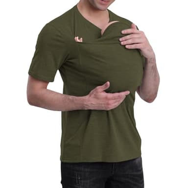 Mens Baby Carrier Shirt, Kangaroo Shirt for Dad and Baby V Neck Short Sleeve Kangaroo T Shirt for Dad with Hat-Green Hat-XL