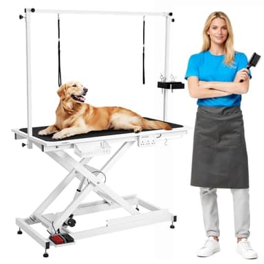 CIRONBOW Professional Electric Dog Grooming Table - 50" Heavy Duty, Height Adjustable Pet Grooming Table w/Grooming Arm, Foot Control, Wireless Remote, Anti-Slip Tabletop & Tool Organizer (White)