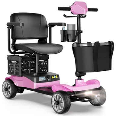 4-Wheel Mobility Scooter for Adults – Foldable Portable Motorized Scooters with 330lbs Capacity, Detachable Battery, Dual Baskets, Cup & Phone Holder, Pink