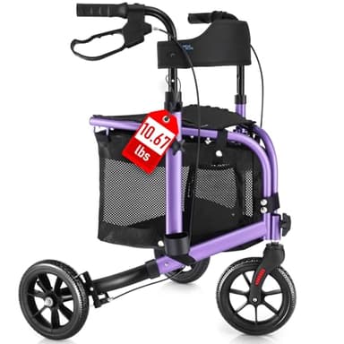 WALK MATE 3 Wheel Rollator Walker with Seat for Slim Seniors, Padded Backrest Lightweight Foldable Walker Ideal for Elderly, 8 Inch Tri-Wheel Modern Mobility Walking Aid Aluminum, Purple
