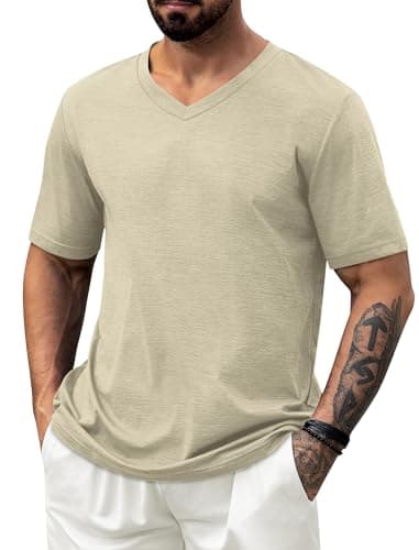 NIASHOT Short Sleeve Shirts for Men V Neck T Shirts Summer Shirts for Men Tee Shirts Khaki XL