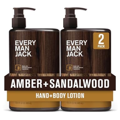 Every Man Jack Mens Amber + Sandalwood Hand & Body Lotion for All Skin Types - Dermatologist Tested & Hypoallergenic - Nourish Skin with Lightweight Fast Absorbing Lotion - 13.5oz (2 Pack)