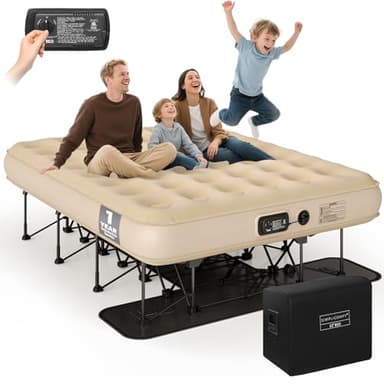 Simpli Comfy Queen EZ Bed Self-Inflating Air Mattress with Built-in Frame, Pump and Wheeled Case, Blow Up Inflatable Rolling Air Bed on Wheels