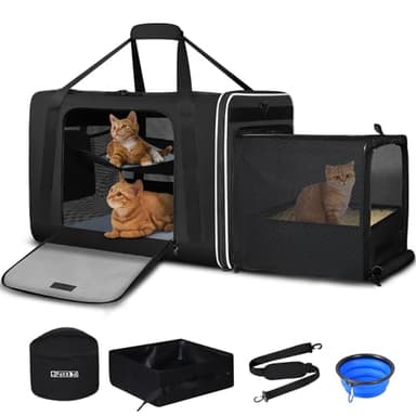 Petskd Side Expandable Extra Large Cat Carrier with Litter Box Area, 24"x17"x17" Soft-Sided Pet Carrier for 2 Cats Under 55 lbs with Zipper Locks for Car Travel(Black)