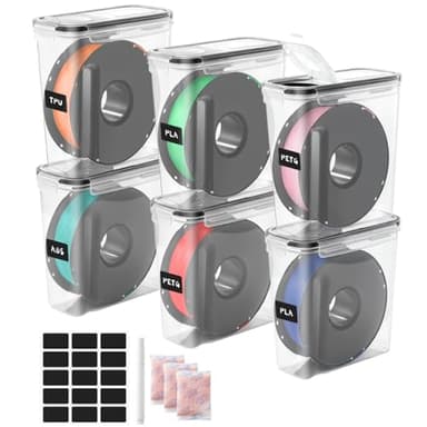 3D Printer Filament Dry Box, 6-Pack Airtight 4.0L Storage Container with Desiccant Bags & Labels, Transparent Dust-Proof Organizer for 1KG Spools, 3D Printing Accessories (6)