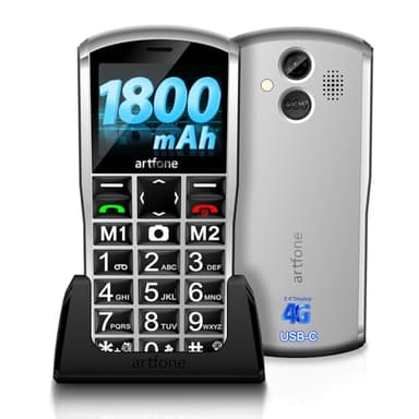artfone A400 Pro Silver - Large Button Cell Phone for Seniors丨4G LTE Factory Unlocked Phones with SOS Button丨2MP Camera丨Charging Dock丨1800mAh丨3 Slots丨Speed Dial丨Volume Boost丨Hands-free丨2-Year Warranty