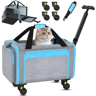 Rolling Pet Carrier with Detachable Wheels - 18x11x11 TSA Airline Approved for Southwest Delta United American, Soft Sided Expandable Travel Bag for Small Dogs & Cats up to 15Lbs, Fits Under Seat