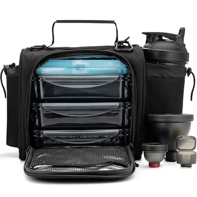 Hydra Cup Insulated Lunch Bag with Containers - Travel Meal Bag, Ice Packs, Shaker Bottle, Protein Funnels & Luggage Strap