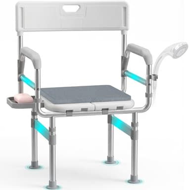 Folding Shower Chair for Inside Shower, Tub and Bathroom 440lb Weight Capacity - Height Adjustable Foldable Shower Chair for Elderly and Disabled - Shower Seat with Arms, Back, Cushion and Shelf