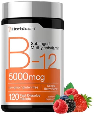 Horbäach B12 Vitamin 5000 mcg | 120 Fast Dissolve Tablets | Sublingual Methylcobalamin | Vegan, Non-GMO & Gluten Free Supplement