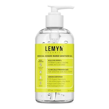 Lemyn Organics Medical‑Grade Hand Sanitizer Gel – 97 % Organic | 70 % USP Ethyl Alcohol | Moisturizing Aloe + Hyaluronic Acid | Freshly Made in USA | 8oz Bottle with Pump
