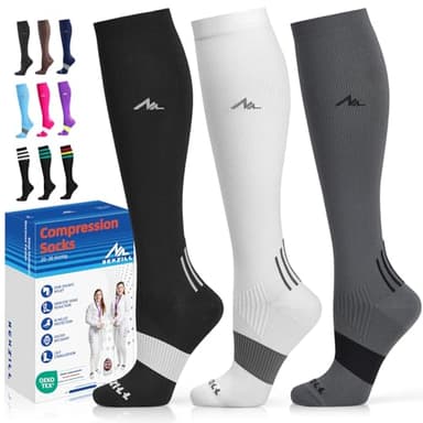 NEWZILL Medical Compression Socks for Women & Men, 20-30 mmHg Knee-High Support for Circulation, All-Day Comfort for Work Travel Running Cycling and Fitness (3-Pairs, Black/White/Gray, L/XL)