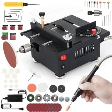 Portable Mini Table Saw with 80+ Accessories —Fixed-Depth 100W 7-Speed Desktop Saw for Crafts, DIY & Model Making, Adjustable Angle (0–90°), Flexible Shaft for Cutting, Drilling, Polishing & Engraving