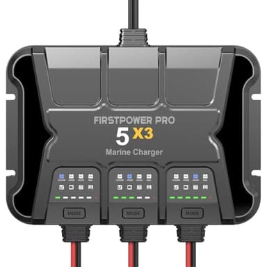 3 Bank Marine Battery Charger 5X3, 15A (5A/Bank) - 15A Onboard Charger, 12V Waterproof Boat Battery Charger, Battery Maintainer for SLA/AGM, Lithium, Calcium - Charged 24/7