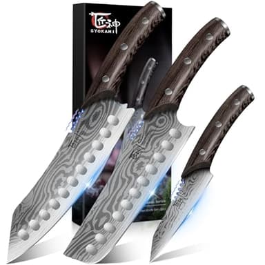 SYOKAMI Kitchen Knife Set, 3-Piece Japanese Style Chef Knives Set (8.2" Kiritsuke, 7.2" Nakiri, 4" Paring) for Precision Cutting, Damascus Pattern, Ergonomic Full Tang Wooden Handle, Cooking Gifts