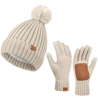 Womens Winter Beanie Hat Gloves Set,Fleece Lined Warm Knit Pom Pom Ski Hat Touchscreen Gloves Set Gifts for Cold Weather (US, Alpha, One Size, Oatmeal)