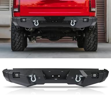 PARTREE Off Road Rear Bumper Fit for Dodge Ram 1500 2009-2018 and Fit for Ram 1500 Classic 2019-2023, Full Width Rear Bumper W/ 2 Lights, Sensor Holes, License Plate Bracket and Lights, Carbon Steel