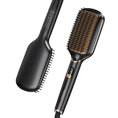 PRITECH Hair Straightening Brush Ionic 250-450°F Fasting Heating Anti-Scald & Auto-Off, Wide Plates Flat Iron Comb Teeth Dual-Voltage Straightener Hot Brush Ionizer Anti-Frizz (Black)