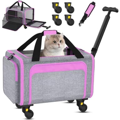 Rolling Pet Carrier with Detachable Wheels - 18x11x11 TSA Airline Approved for Southwest Delta United American, Soft Sided Expandable Travel Bag for Small Dogs & Cats up to 15Lbs, Fits Under Seat