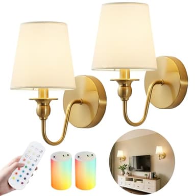 Battery Operated Wall Sconces set of Two,Wireless Wall Sconces with 10000mAh Dimmable Bulb and Remote,LED 15 Colors Rechargeable Gold Wall Sconce with Fabric for Bedroom Living Room Hallway Wall Decor