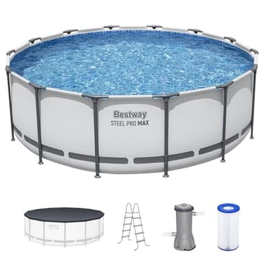 Bestway Steel Pro MAX 14' x 48" Above Ground Pool, Round Metal Frame Outdoor Swimming Pool Set with Filter Pump, Ladder, and Cover, Gray