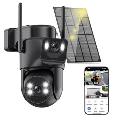 Popugrut 4K Solar Security Cameras Wireless Outdoor, 2.4G/5Ghz WiFi Cameras for Home Security, Dual Lens Solar Camera with Auto Tracking, Human Detection, Color Night Vision, Spotlight Siren,Alexa