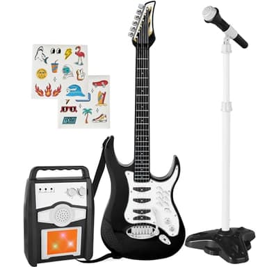 Best Choice Products Toy Kids Guitar Play Set Bundle, Pretend Play Toddler Electric Guitar Kit with Interactive Microphone, Amp, Whammy Bar, 6 Demo Songs and 2 Sticker Sheets - Black