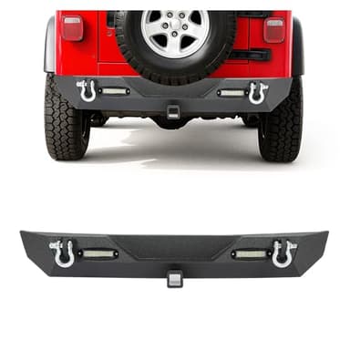 ECOTRIC Rear Bumper Compatible With 1987-2006 Jeep Wrangler YJ TJ w/ 2 LED Lights & 2" Hitch Receiver D Rings Steel Rear Bumper