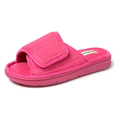 Dearfoams Women's Adjustable Indoor/Outdoor Machine Washable Memory Foam Slide Slipper, Paradise Pink Terry, 7-8