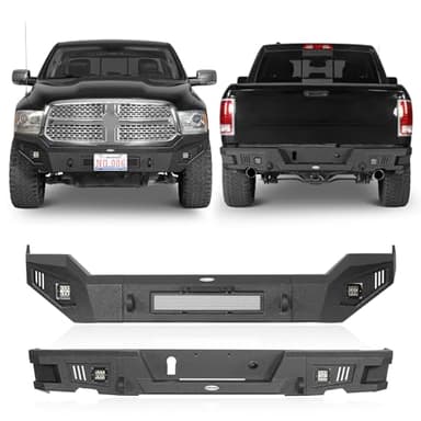 Hooke Road Front and Rear Bumper Set for 2013-2018 Dodge Ram 1500 (Exclude Rebel) & 2019-2024 Ram 1500 Classic, Offroad Steel Bumper with D-ring Mounts, LED Lights
