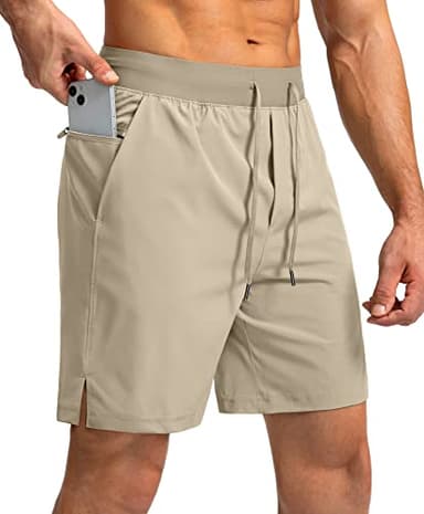 Men's Running Shorts with Zipper Pockets 7 Inch Lightweight Quick Dry Gym Athletic Workout Shorts for Men (Khaki, L)