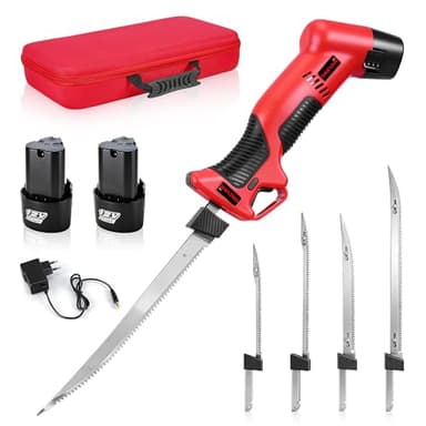 12V Cordless Electric Fillet Knife, 4 Ti-Nitride Coated Non-Stick Blades, Cordless Fillet Knife with 2PCS Rechargeable Battery Packs, 1 Quick Battery Charger, and 1 Storage Carry Case for Fishing, Filleting, Outdoors