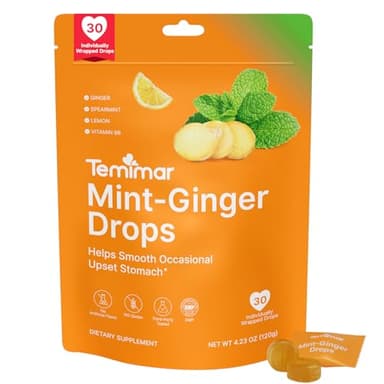 Temimar Mint-Ginger Drops, Fast-Acting Nausea Relief, Support Motion Sickness and Morning Sickness Relief, Added Vitamin B6, 30 Wrapped Ginger Candies