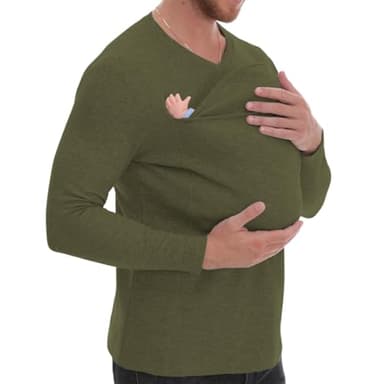 Kangaroo Shirt for Dad and Baby, V-Neck Long Sleeve T-Shirt,Mens Baby Carrier,Male, Baby Boys,Modern,Loose Fit (Green#Men's,Large)