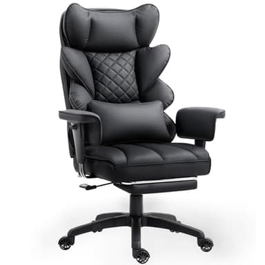 Dowinx Big and Tall Office Chair with Pocket Spring Cushion,High Back Computer Gaming Chairs with Adjustable Armrests,Executive Desk Chairs with Lumbar Support and Footrest,PU Leather-Black