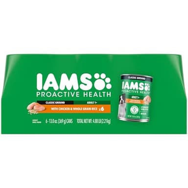 IAMS Proactive Health Wet Dog Food, Adult Wet Dog Food Multipack Ground Dinner, with Chicken & Whole Grain Rice, 13 oz. Cans (Pack of 6)
