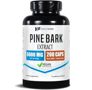 Healthfare Pine Bark Extract 6000mg French Maritime | 200 Vegan Capsules | Standardized 95% OPC Proanthocyanidins | Antioxidant Herbal Supplement | Non-GMO, Gluten-Free | Made in USA