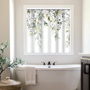 Ruelvth Shower Window Curtain, Watercolor Green Eucalyptus Small Short Waterproof Bathroom Window Curtain with Hooks, 48x48 Inch