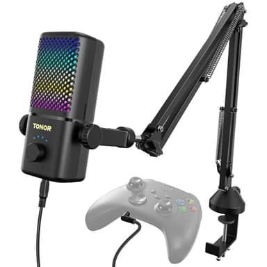 TONOR Gaming Mic Compatible with Xbox, RGB Streaming Boom Mic with 30H Battery Life, Low Noise, Monitoring, Gain Control, One Tap Mute, Fast Charging, Compatible with Capture Card TCX3+ Black