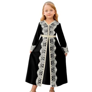 FYMNSI Abaya Dress for Girls Muslim Dress with Belted Kids Lace V Neck Long Sleeve Modest Abayas Prayer Clothes Middle East Kaftan Dubai Maxi Robe Islamic Ramadan Eid Arabian Outfit Black 6-7Y