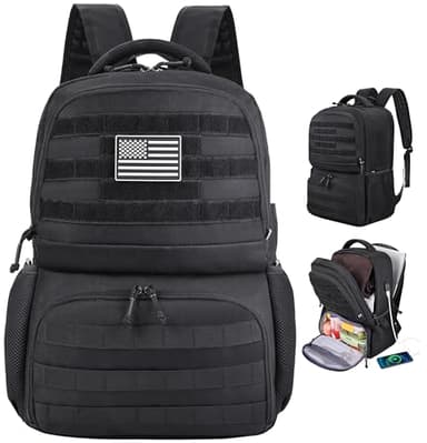 MOZETO Laptop Lunch Backpack for Men, Tactical Inspired Utility Anti-Theft Work Bag with Cooler Compartment Lunchbox (Black, 17 Inch)