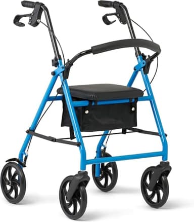 Caring 4-Wheel Rollator Walker for Seniors Light Blue Rolling Walker with Seat, Hand Brakes & Storage – Heavy Duty Frame Supports 300 lbs – Foldable Mobility Aid