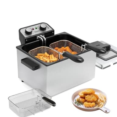 Vexon1800W 5 Liters/21 Cups Large Electric Deep Fryer with 3 Frying Baskets for Home Use, Adjustable Temperature,View Window Lid,Countertop Stainless Steel Body Deep Fryer Pot,Perfect for Kitchen
