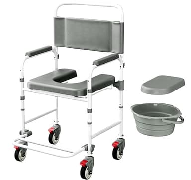 Littneo Bedside Commode with Wheels, Shower Wheelchair with 300 LBS Weight Capacity, Portable Toilet with Bucket for Elderly and Disabled