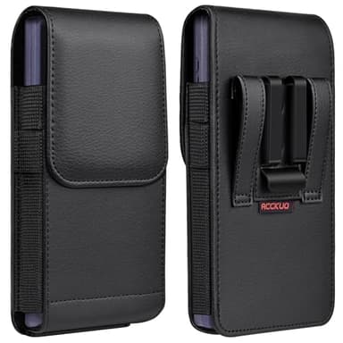 ACCKUO Leather Phone Holster with Strong Metal Belt Clip and Magnetic Closure Compatible with iPhone 16/15/14/13/12 Pro Max, Galaxy S25/S24/S23/S22 Plus & FE, L-Black